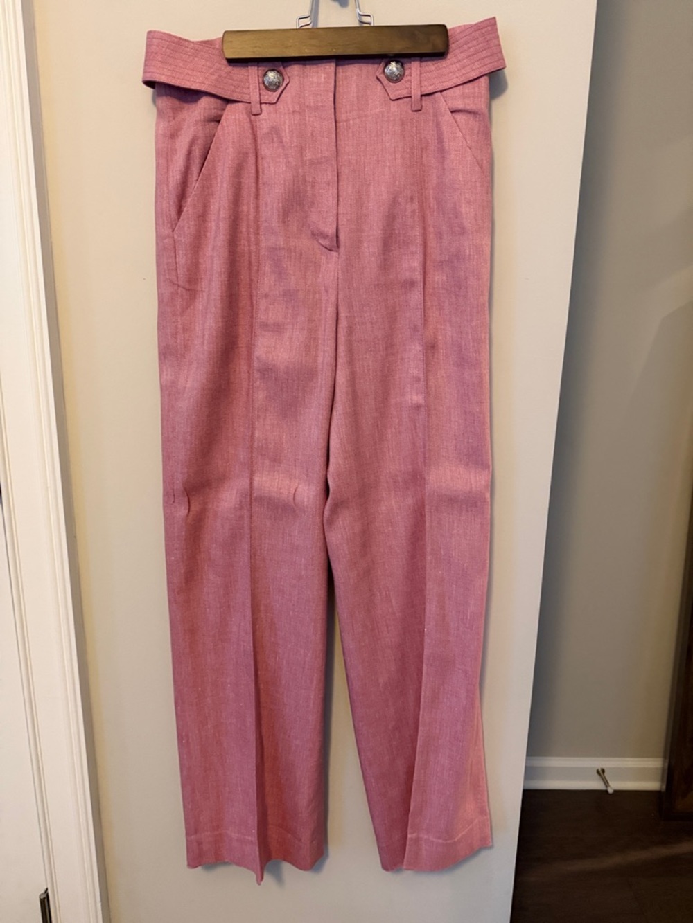 Veronica Beard Dusty Rose High-Waist Wide-Leg Linen Trousers